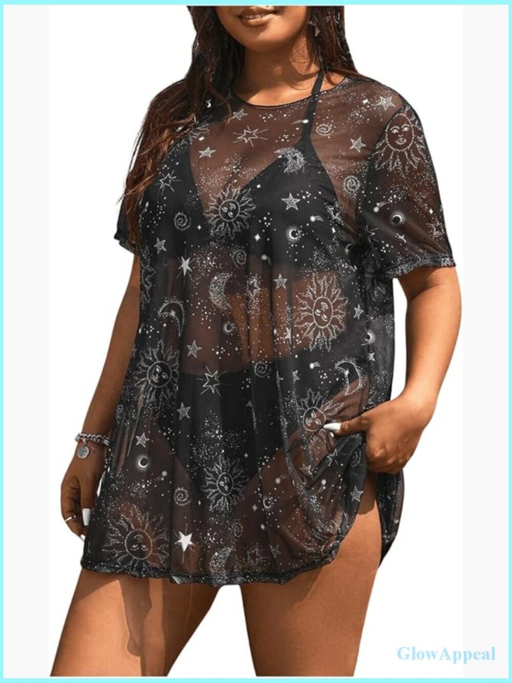 Plus Size Galaxy Print Sheer Mesh Rave Concert Cover Up Top Short Sleeve